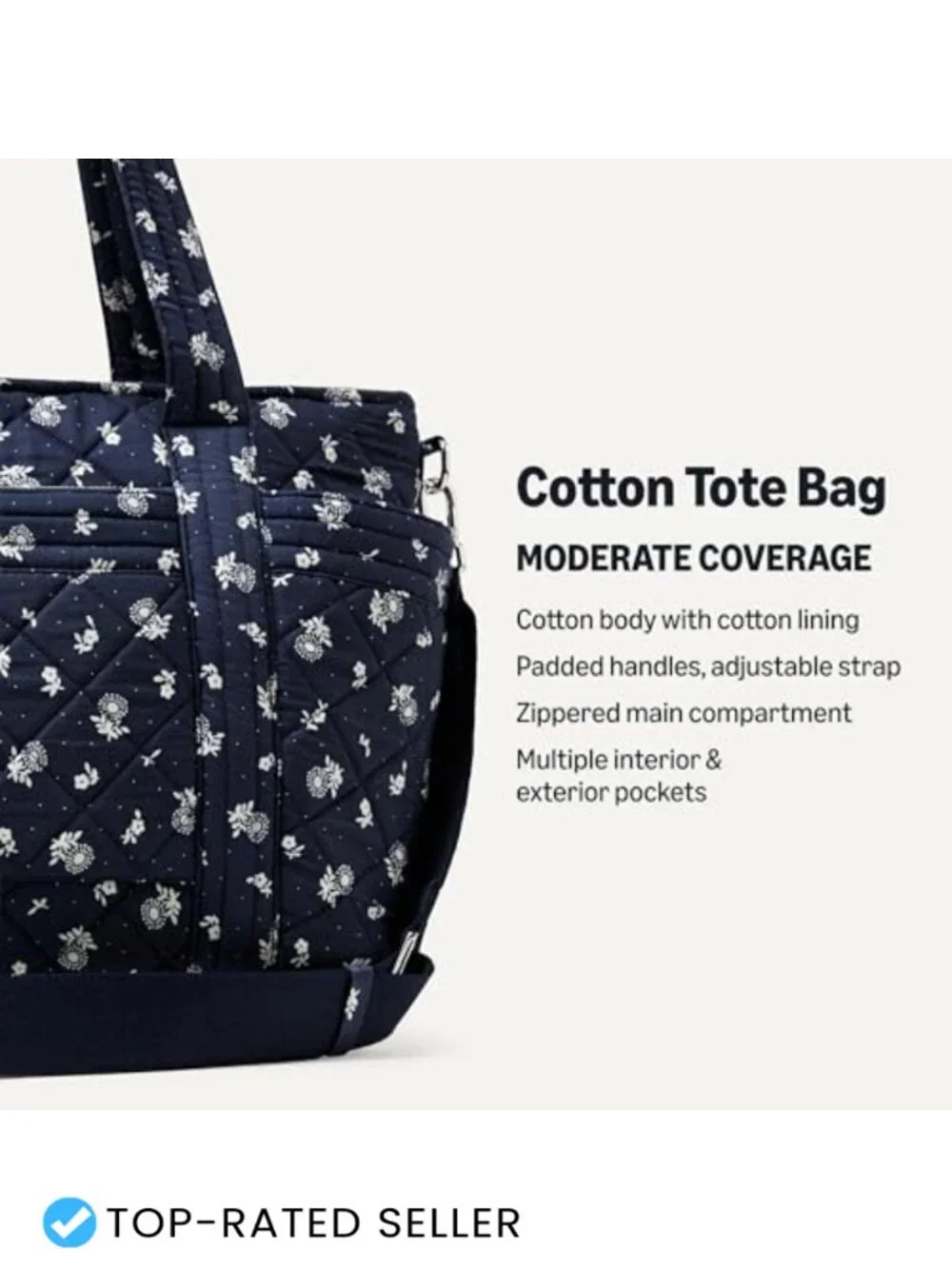 Quilted Cotton Tote Handbag with Padded Handles and Detachable Strap
